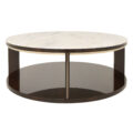 The London coffee table features a circle top in white marble and base with four legs in Macassar ebony with smoked brass details