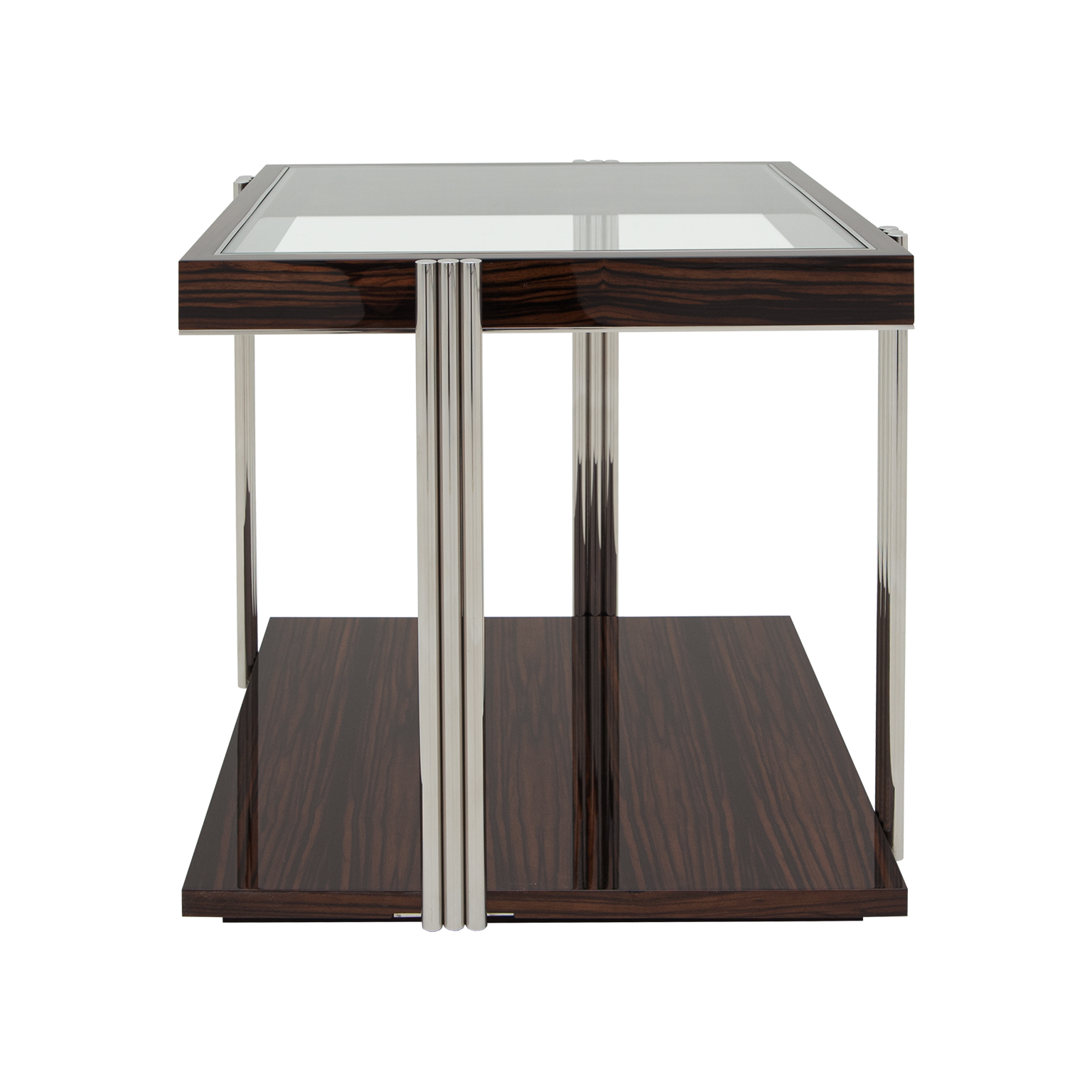 Macassar Ebony frame and base, top tier features glass with Macassar Ebony border, and legs are three rod design in polished stainless steel