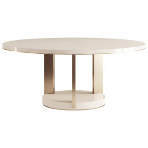 Circular table with Ivory Lacquer top and Base with three smoked brass legs and apron inlay.