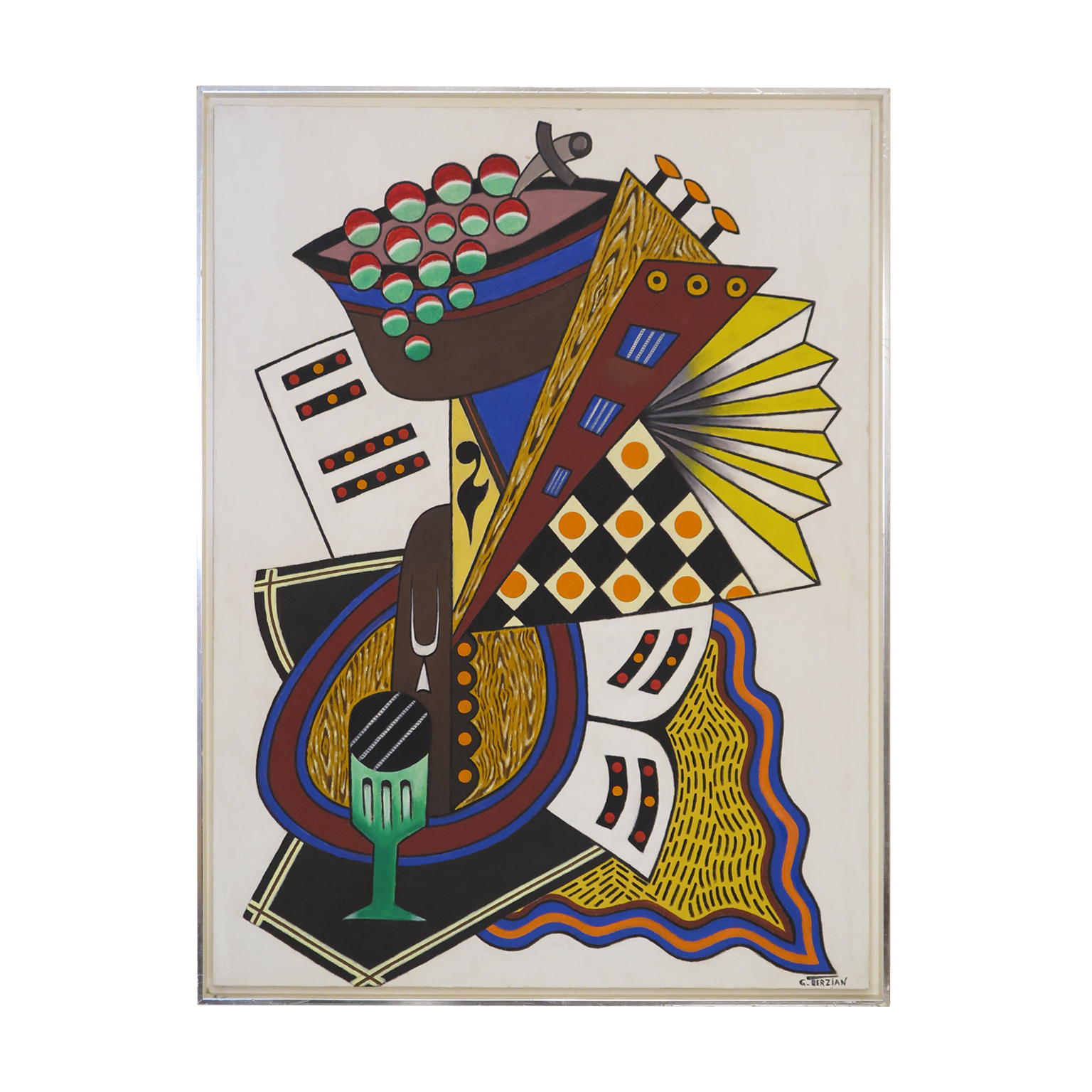 Colorful cubist style painting by Georges Terzian depicting musical interments and sheet music.