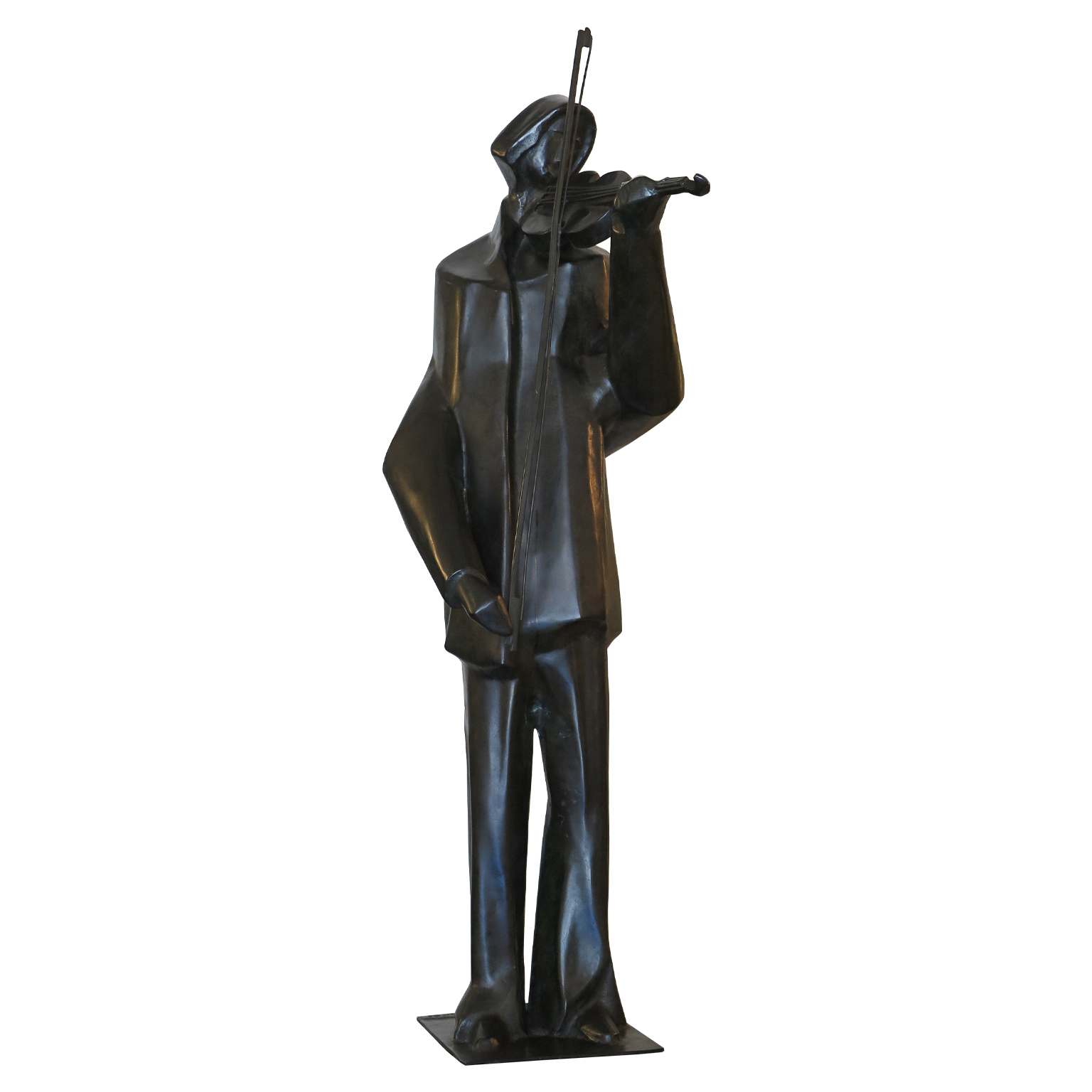 Mid-Century French Bronze with Black Patina Sculpture of man playing violin.