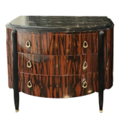 French Art Deco Chest of Drawers with Macassar Ebony Body and Black lacquer Ribbed Legs, featuring Brass Hardware and a Black Marble Top.