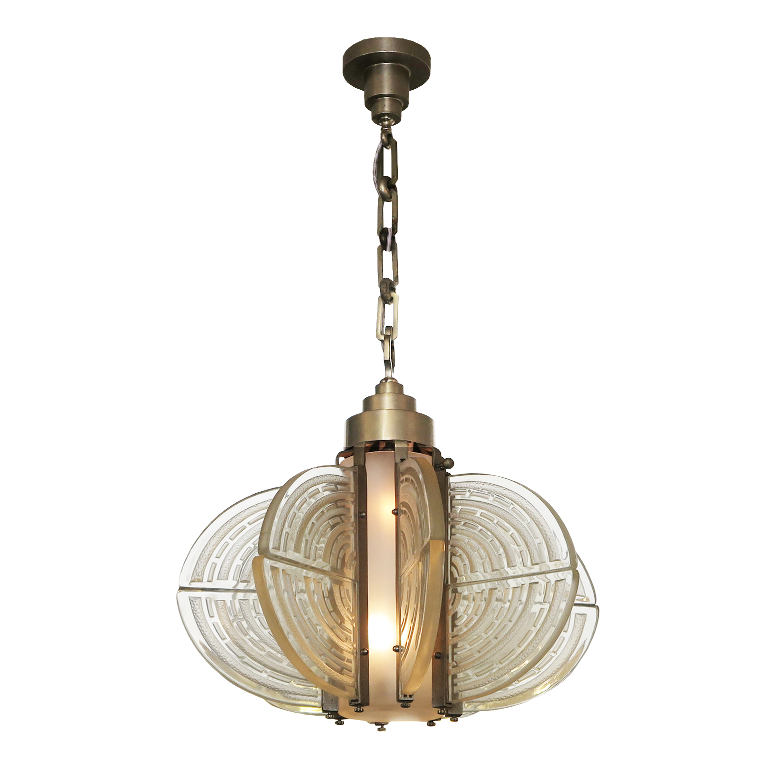 French Art Deco Chandelier with Deco style etched glass panels.