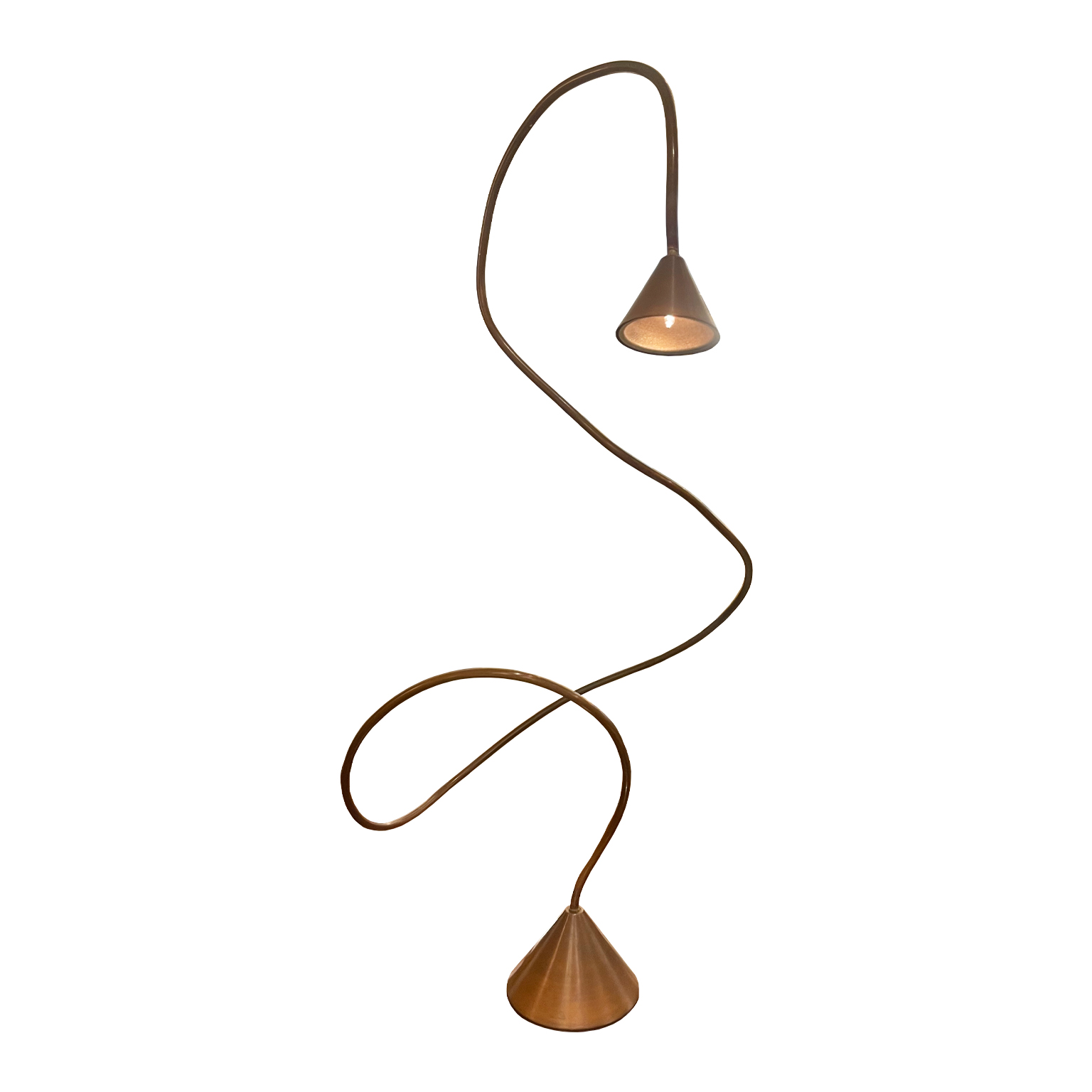 Italian Mid-Century Copper Curved lamp with twisted stem detail and cone shaped base and shade