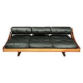 Italian Mid-Century daybed/sofa with frame in fruitwood and original black leather upholstery.