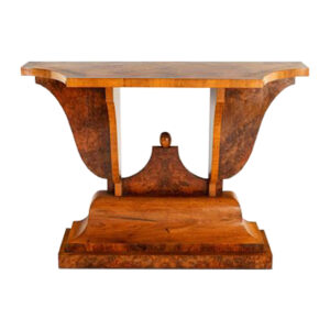 Italian Art Deco Elm Burl and Rosewood Console with ornate curves.