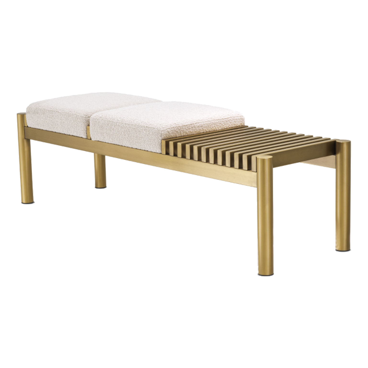 White Bouclé upholstered bench with brushed brass frame.