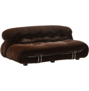 Mid-Century Brown Velvet Sofa with chrome details.