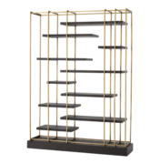 Wonder Bookshelf with floating shelfs in espresso oak with lightly cerused detail in an open pore satin finish and frame in brushed brass.