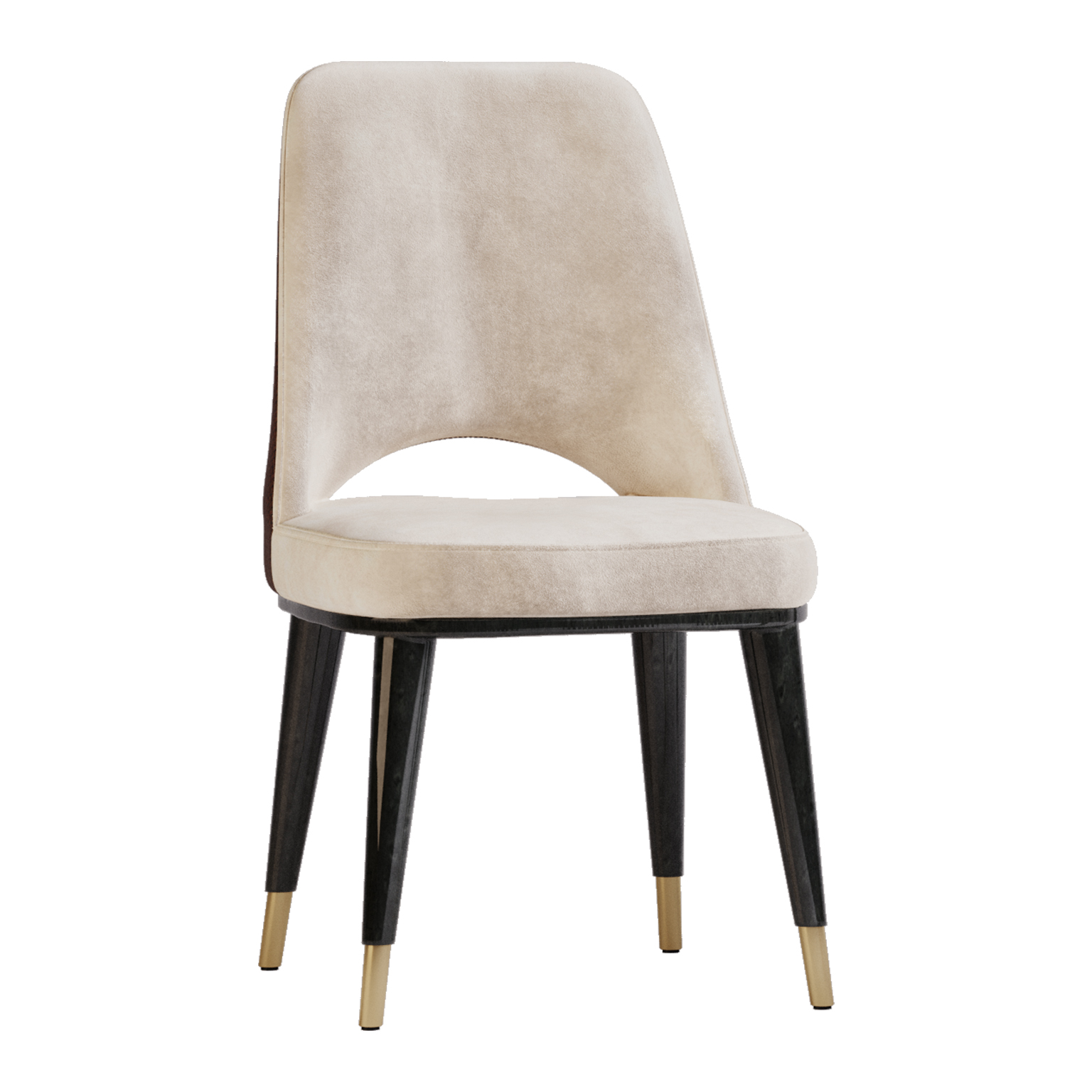 Dining or side chair with flour lacquer tapered legs with brass feet caps and open back detail