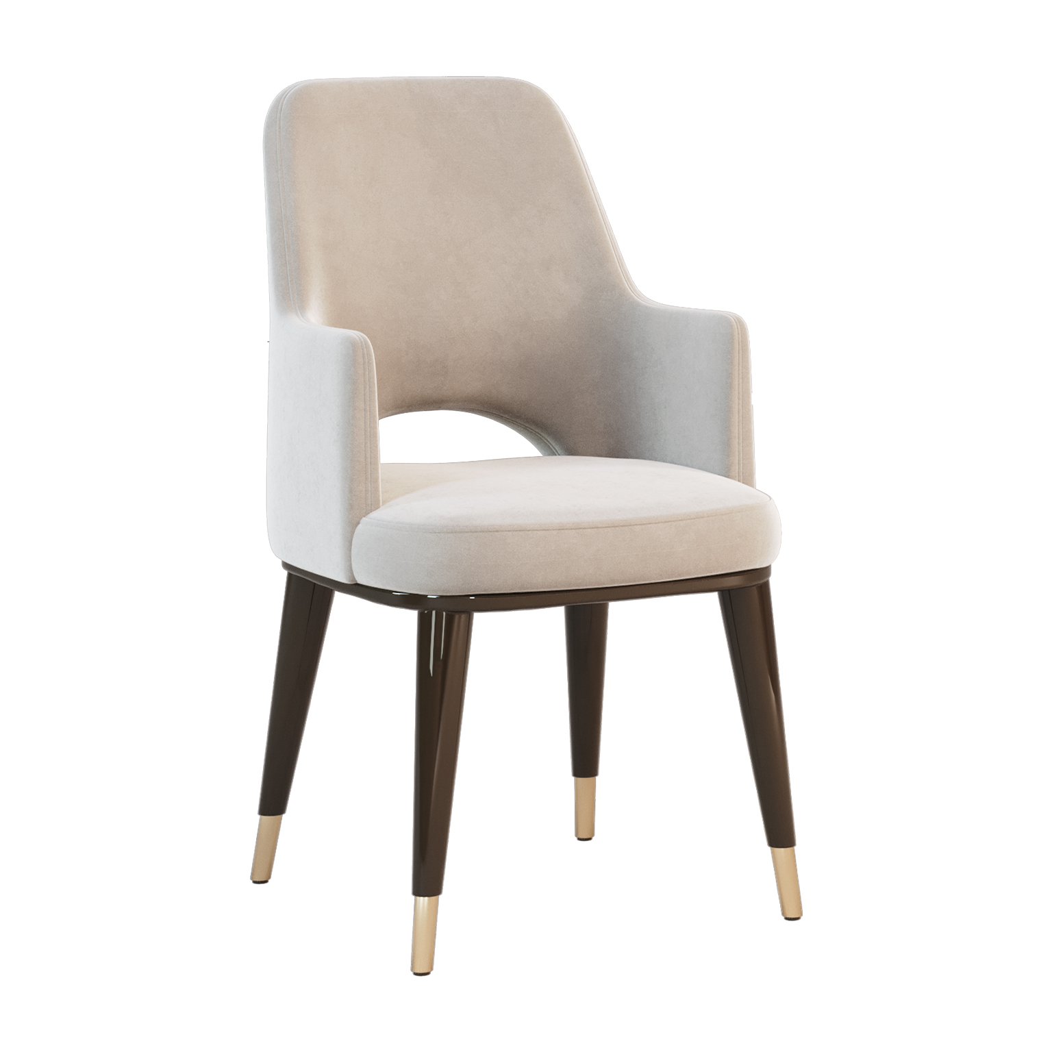Dining or side chair with flour lacquer tapered legs with brass feet caps and open back detail with arms