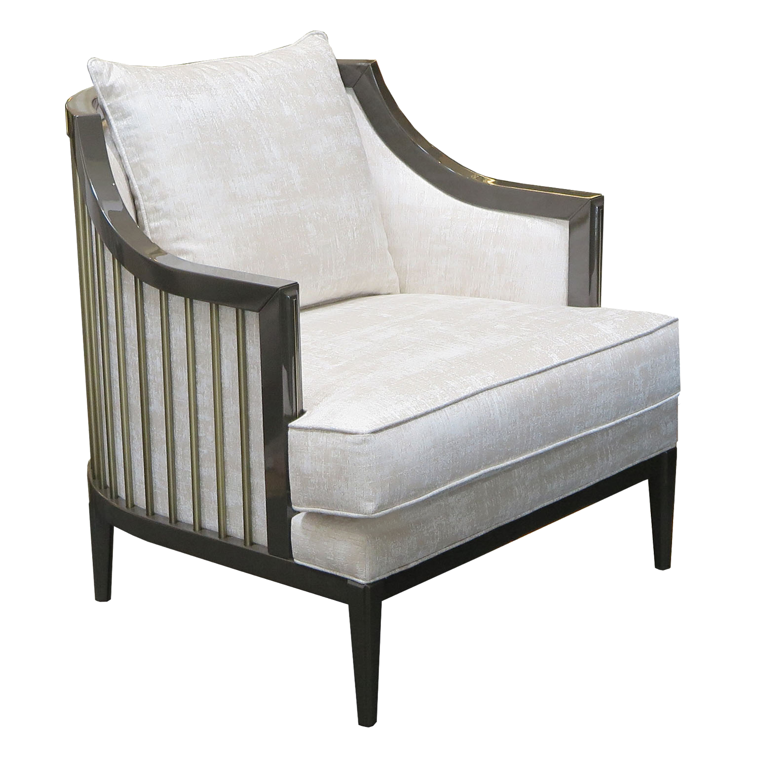 upholstered lounge arm chair with caged wood back and wood arms and legs