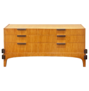 Italian mid-century vintage bar/sideboard crafted with fir wood, features hidden mirrored compartment.