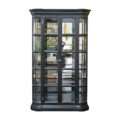 Black Lacquer Vitrine with glass doors. The facade with mirrored back and glass shelves.