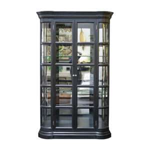 Black Lacquer Vitrine with glass doors. The facade with mirrored back and glass shelves.