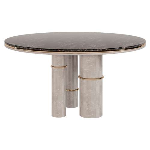 Bottega Dining Table with Light Sycamore with high gloss finish, smoked brass details and a port Laurent Marble top.