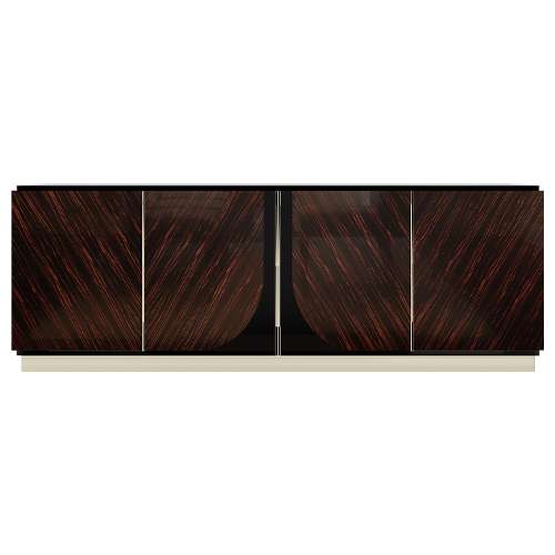 The Dylan Sideboard showcases a Macassar Ebony veneer in a high gloss finish with smoked Brass details.