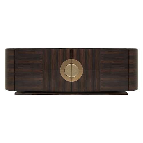 Macassar Ebony Sideboard in satin finish and brushed brass hardware with checker laid veneer and recessed base.