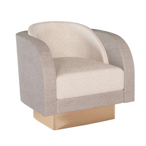 Olsen Swivel Lounge Chair with two tone upholstery, curved back and brushed brass base.
