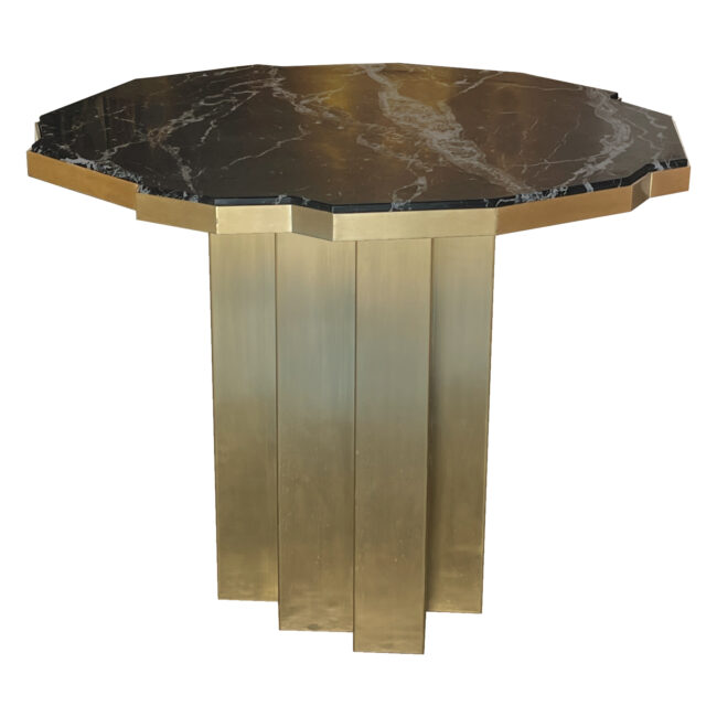 Angular Dining table with white marble top and brushed brass base