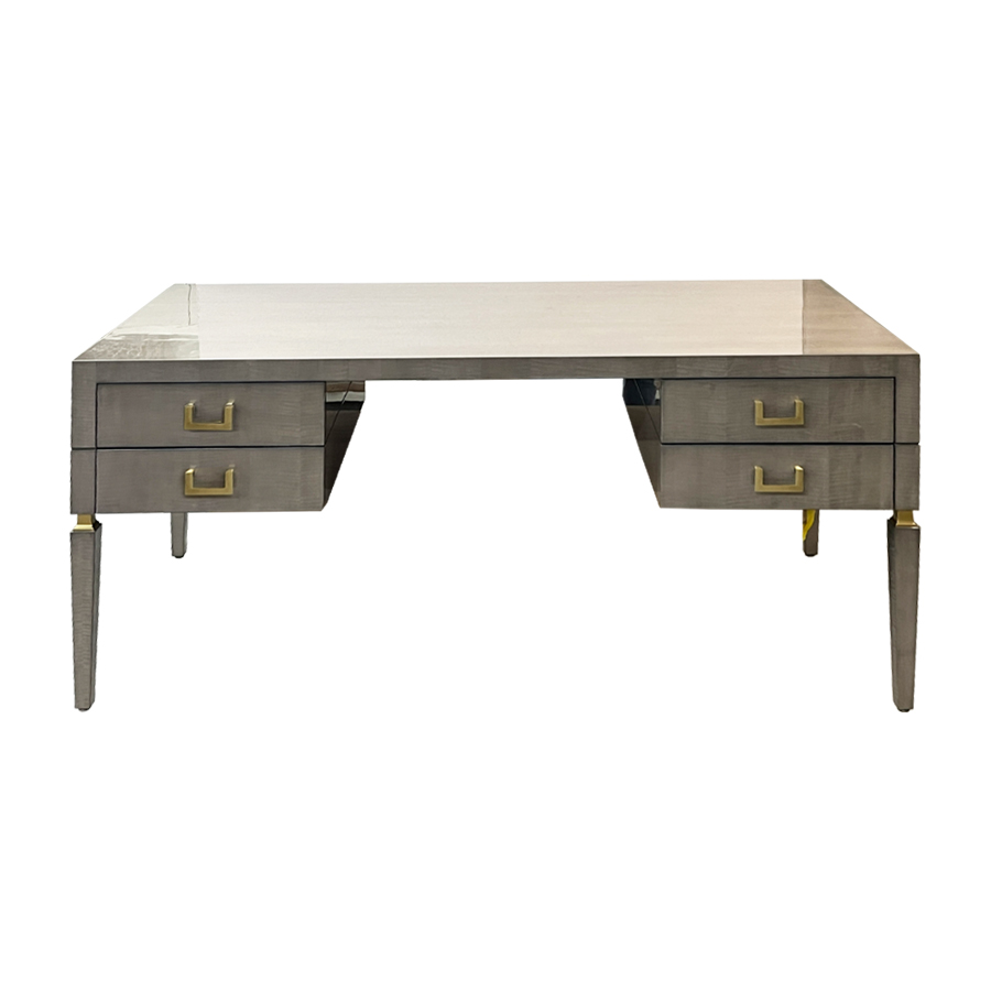 Grey Sycamore desk with high gloss finish and brush bass accents.