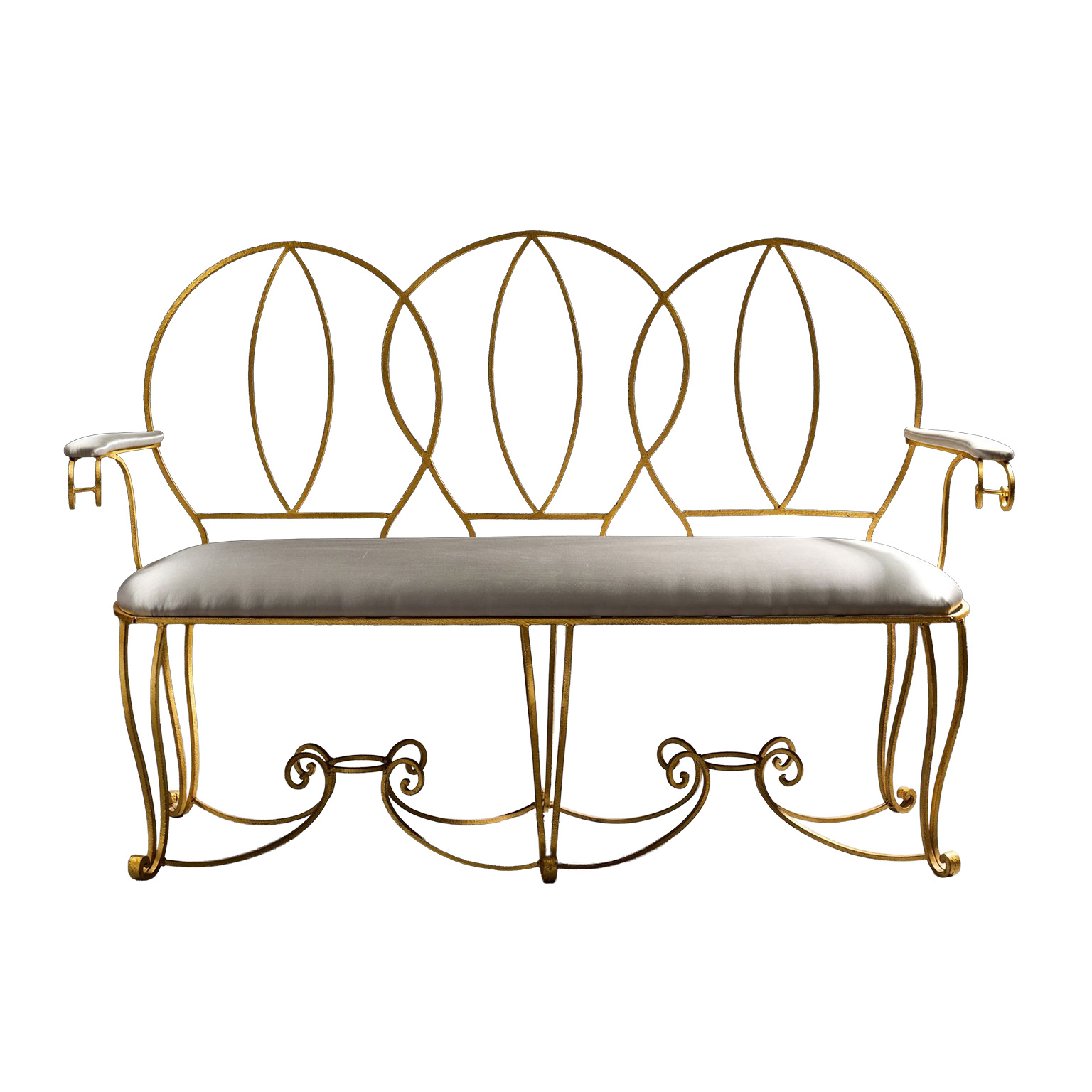 Art Deco Hollywood Regency wrought iron bench in gold leaf with grey satin fabric