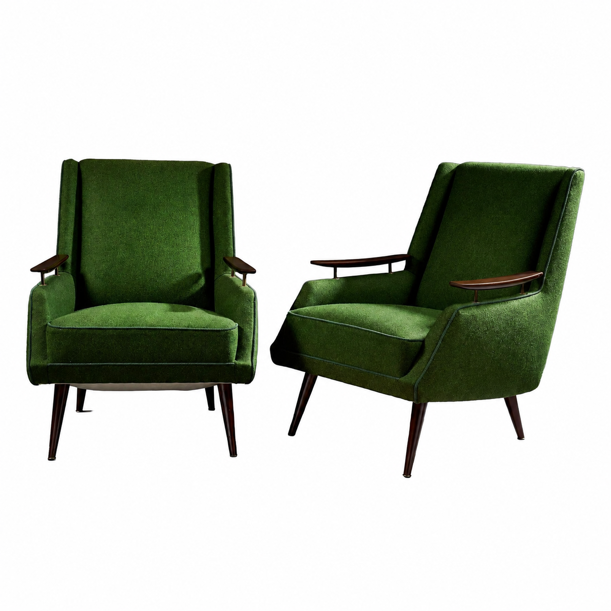Pair of Mid Century chairs either Italian or Scandinavian with a wooden arm and green wool fabric