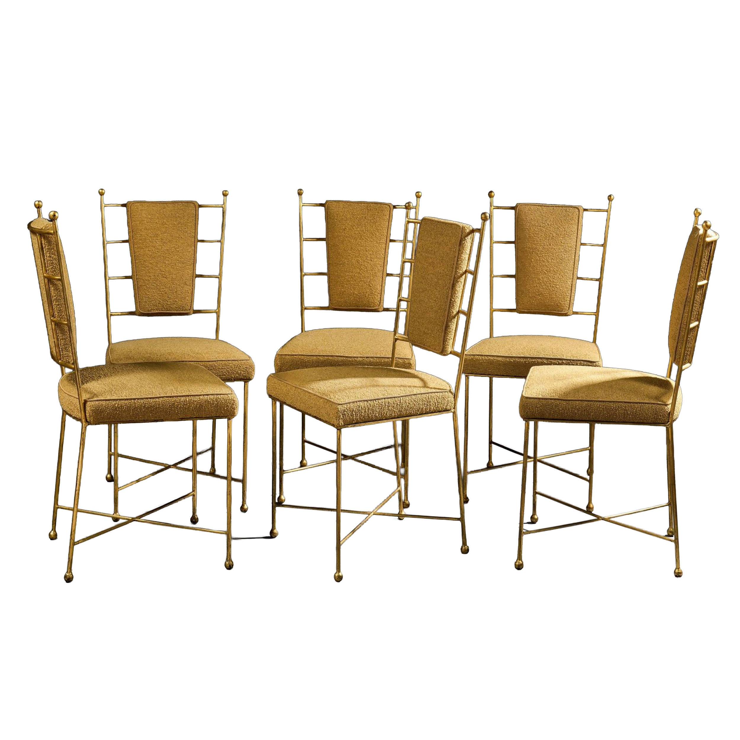 Set of six French Mid Century dining chairs with gilded wrought iron frames.